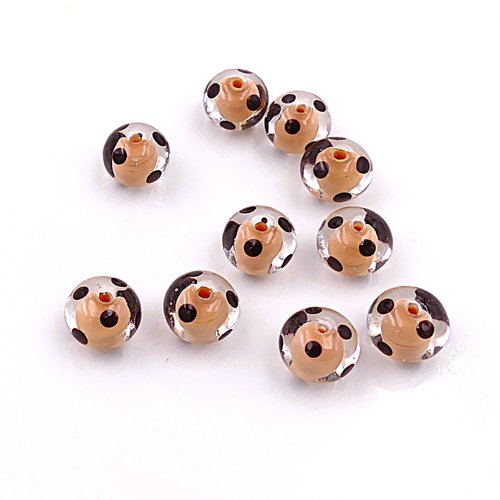 10 perles en verre, polka dot, beige et noir, diamètre 14 mm