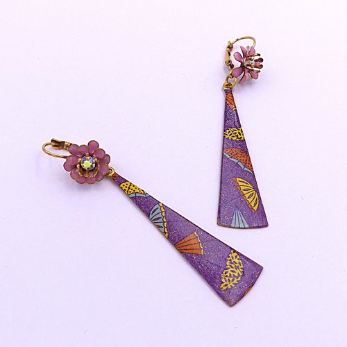 Boucles d'oreilles impressions sur métal, fermoirs fleurs avec strass