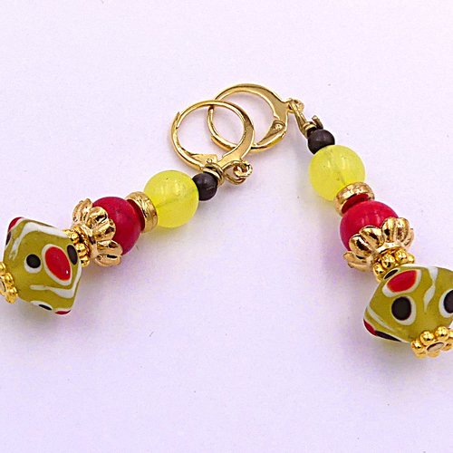 Boucles d'oreilles perles verre, métal doré, fait main