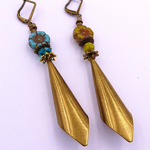 Boucles d'oreilles laiton bronze, verre tchèque, fait main