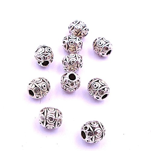10 perles 6 mm en métal argenté, motif ethnique