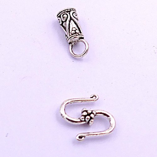 Fermoir crochet en métal argenté, pour collier sur cordon