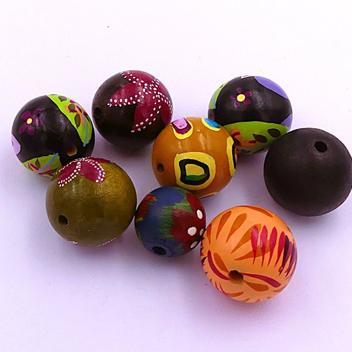 Lot de 8 perles en bois, peint à la main, diamètres 25 et 20 mm