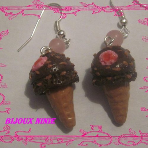 Boucles d'oreilles glace chocolat fraise en fimo