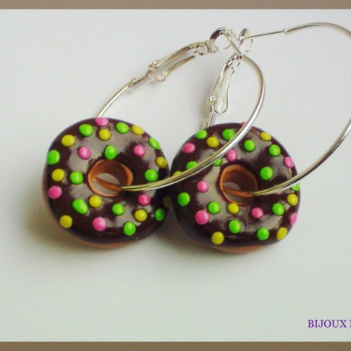 Boucles d'oreilles créole  donut chocolat en fimo