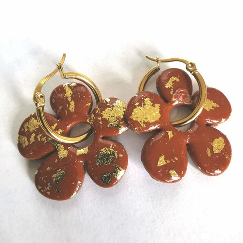 Pampilles chocolat et or florales en fimo – faites main & interchangeables - pour créoles