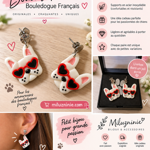 Boucles d’oreilles bouledogue français – lunettes cœur – bijoux en pâte polymère et résine – création artisanale