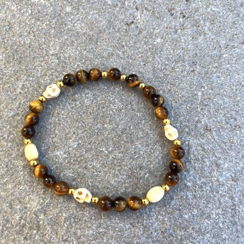 Bracelet homme élastique tête de mort perles œil de tigre