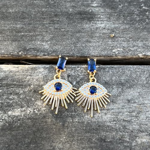 Boucles d’oreilles clous, œil bleu en acier inoxydable doré à l’or fin
