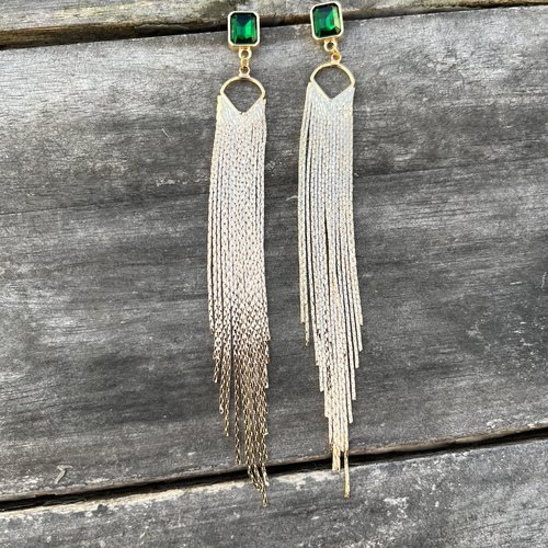 Boucles d’oreilles clou strass vert, chaine pendante acier inoxydable doré à l’or fin