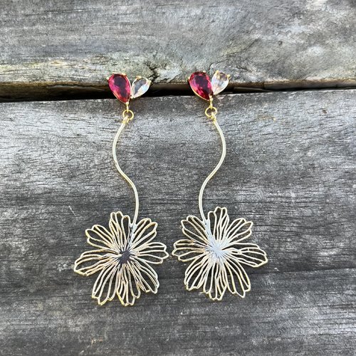 Boucles d’oreilles strass pendants fleur en acier inoxydable doré à l’or fin