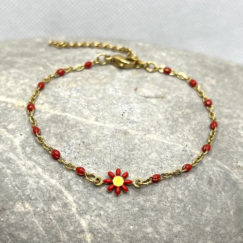 Bracelet fleurs rouge en acier inoxydable doré