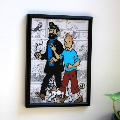 Cadre glass painting, les aventures de tintin.