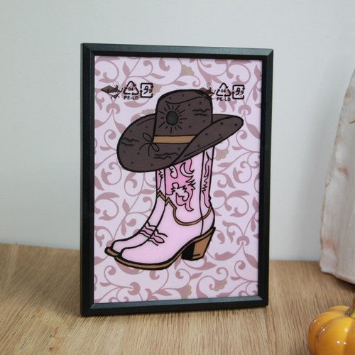 Cadre glass painting. bottes de cow-boy.