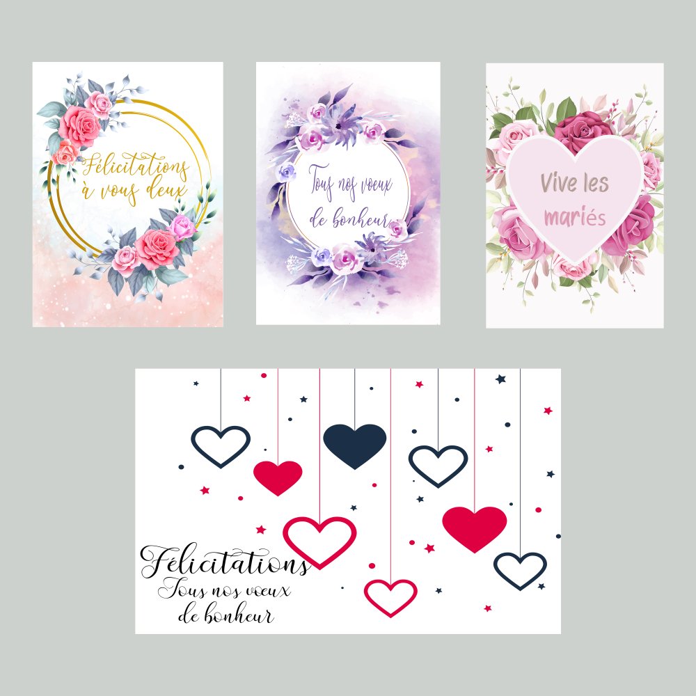 Carte Felicitations Mariage Tous Nos Vœux De Bonheur Vive Les Maries 4 Motifs Au Choix A Personnaliser Papier Brillant Avec Enveloppe Un Grand Marche