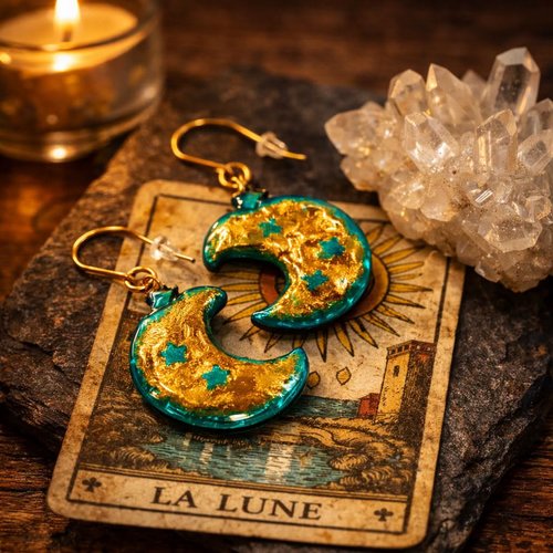 Boucles d'oreilles lunes mystiques – turquoise & or – artisanat fait main