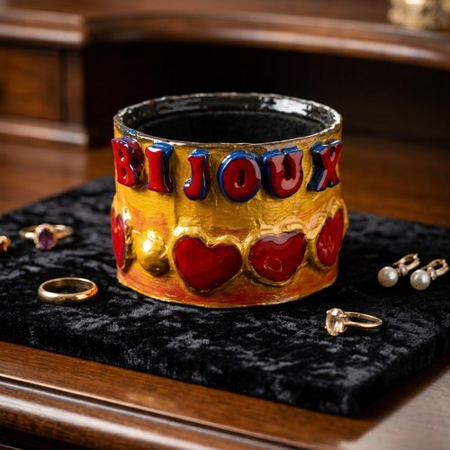 Boîte à bijoux artisanale upcyclée – décor cœurs et dorure – pièce unique