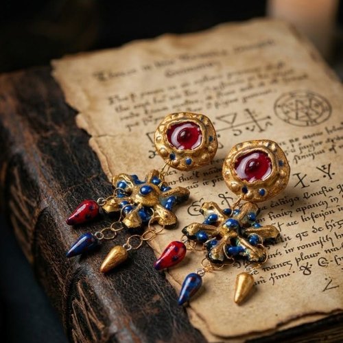 Boucles d'oreilles artisanales "éclat baroque" - doré, rouge & bleu profond - pièce unique