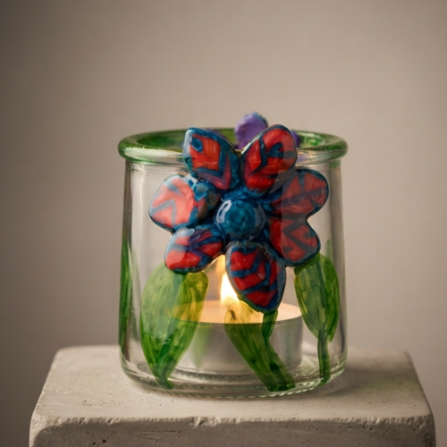 Photophore artisanal en verre et pâte fimo - collection "éclosion florale" - pièce unique