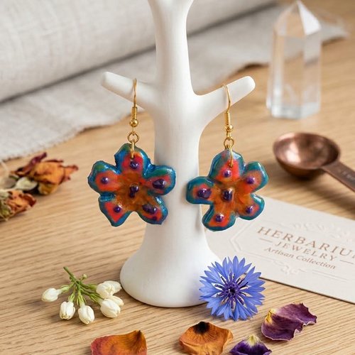 Boucles d’oreilles fleurs artisanales orange et vert – création unique