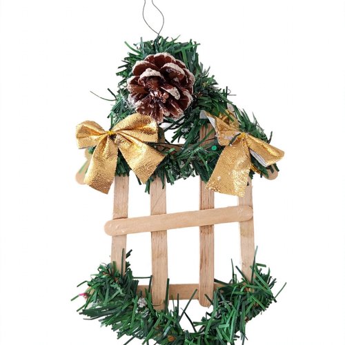 Suspension de noël traîneau en bois - fait main - décoration sapin naturel & doré