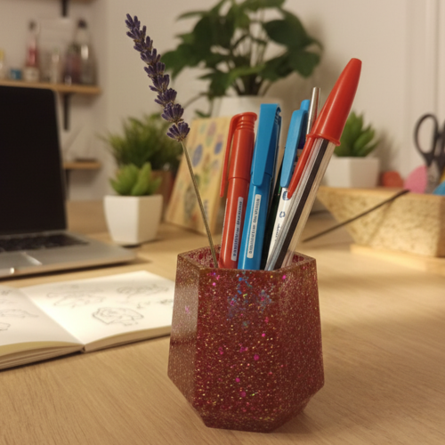 Pot à crayons hexagonal scintillant en résine