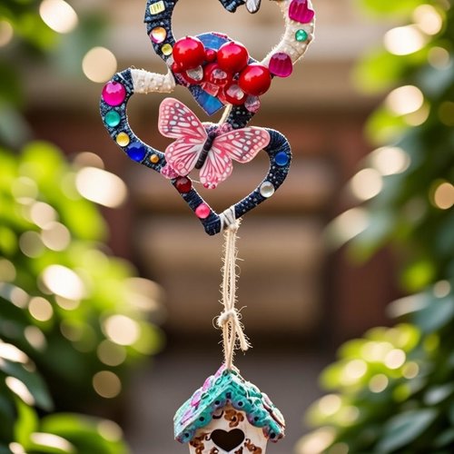 Suspension décorative artisanale – cœurs et maison d’oiseau