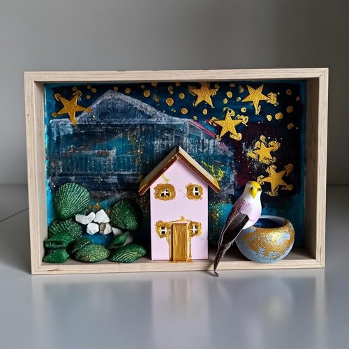 Boîte décorative "nuit étoilée" – scène de maison en bois peinte à la main