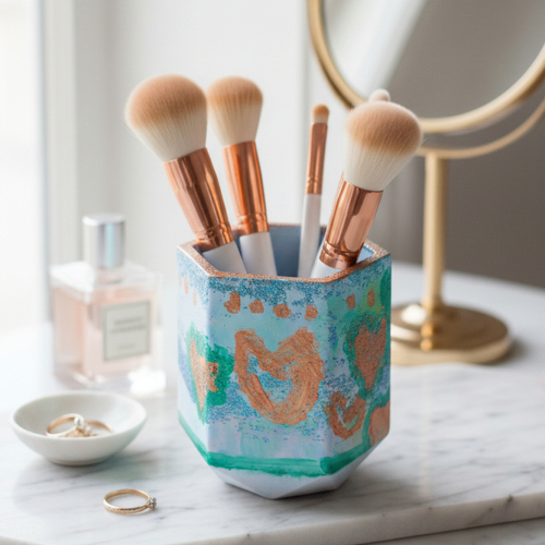 Pot à maquillage hexagonal "cœurs d'émeraude & bronze"