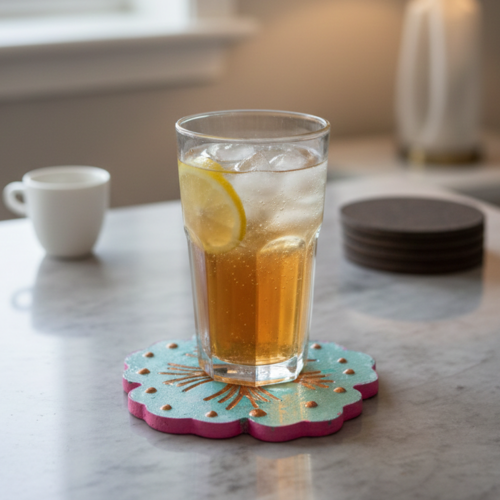 Dessous de verre artisanal en aqua-résine - motif fleur bleu & cuivre - pièce unique