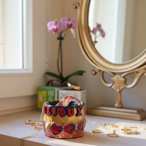 Boîte à bijoux artisanale upcyclée – décor cœurs et dorure – pièce unique