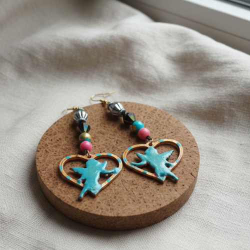 Boucles d'oreilles "cupidon" – cœurs dorés et turquoise, style arty & bohème