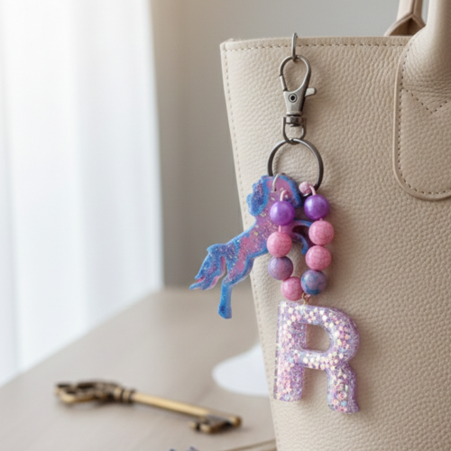 Porte-clé artisanal en résine - initiale "r" pailletée et silhouette cheval bleu & rose