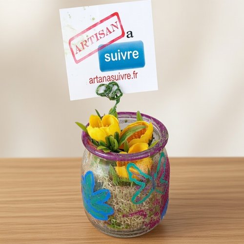 Porte-photo artisanal printanier - pot verre peint main fleurs jaunes & feuillages
