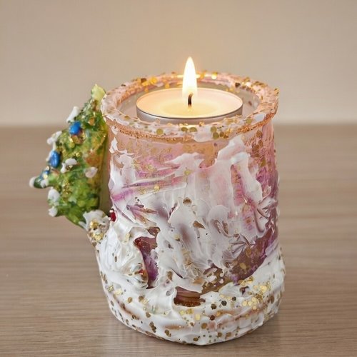 Photophore artisanal noël - verre texturé pailleté sapin vert & effet neige