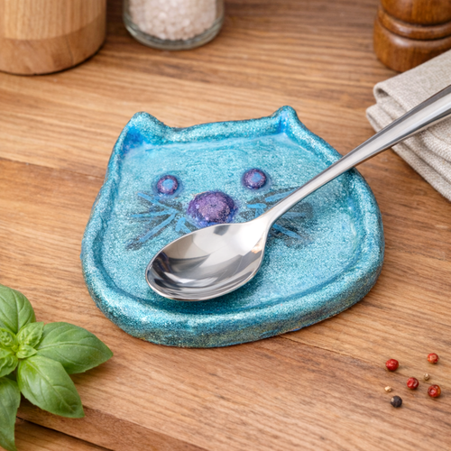 Repose-cuillère "chat pailleté" en céramique bleue -