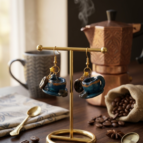 Boucles d'oreilles tasse à café bleu nuit et graine artisanal chic