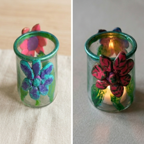 Photophore artisanal en verre et pâte fimo - collection "éclosion florale" - pièce unique