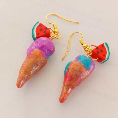 Boucles d'oreilles gourmandes - glaces myrtille & pastèque - fait main - pièce unique