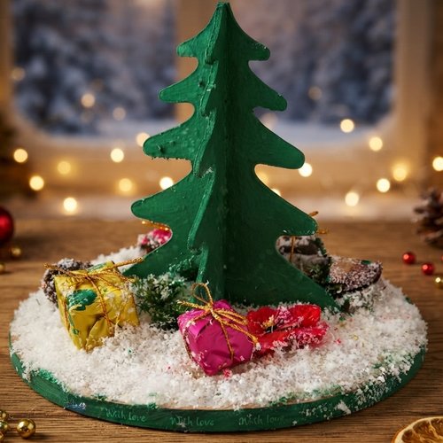 Miniature de noël enneigée – décoration de fête artisanale et faite main, sapin et cadeaux