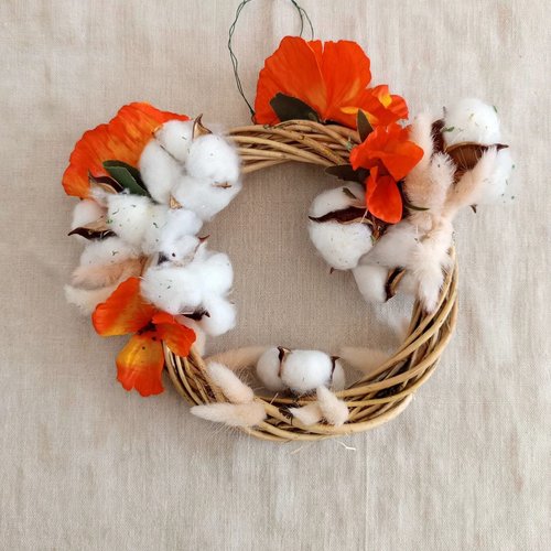 Couronne bohème osier, coton et coquelicots orange - fait main