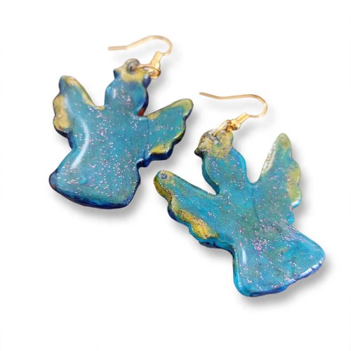 Boucles d'oreilles anges bleus galaxie - fait main résine pailletée - ange gardien