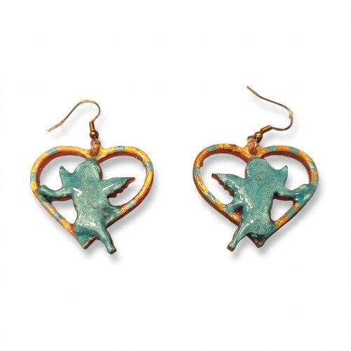 Boucles d'oreilles coeur ange cupidon - turquoise & rose pailleté - fait main - amour bohème