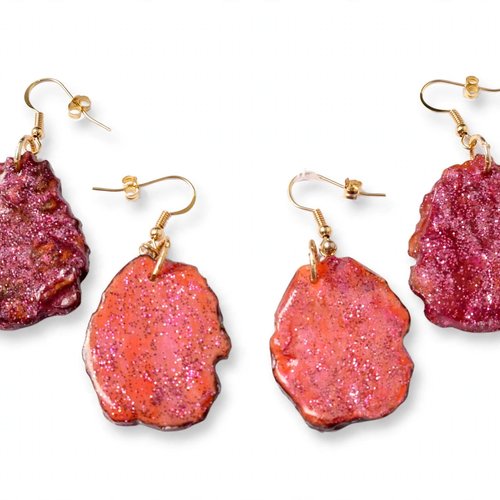Boucles d'oreilles pommes de pin pailletées - rose & turquoise - fait main bohème - doré - noël chic