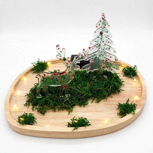 Centre de table de noël lumineux - plateau bois ovale - renne et sapin en résine pailletée fait main