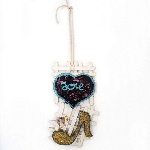 Suspension joie musique - treillis blanc, cœur noir pailleté rose, note dorée - fait main