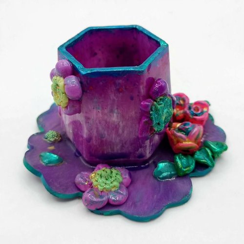 Pot à cuillères résine violet fait main - porte cuillères café fleurs