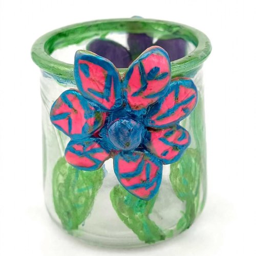 Photophore en verre recyclé double face fleurs -  fait main