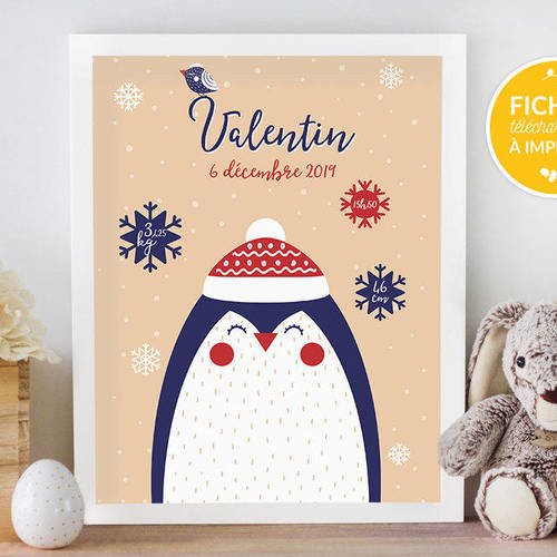 Affiche Personnalisee Chambre D Enfant A Imprimer Soi Meme Cadeau De Naissance Affiche Pingouin D Hiver Un Grand Marche