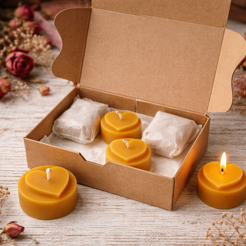 Bougies chauffe-plat cœur en cire d’abeille – fait main, lot de 6